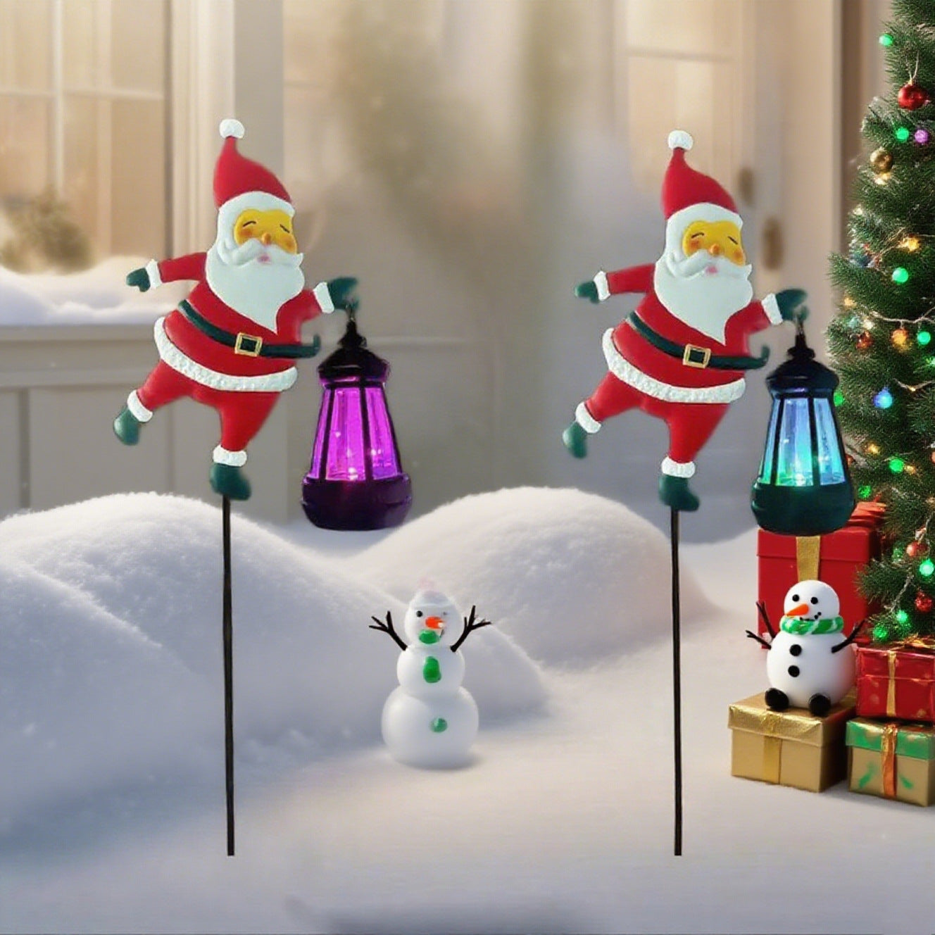 Santa Watering Can Solar Garden Light | Cascading LED, IP44 Waterproof, Ground Stake | Warm White & Rainbow