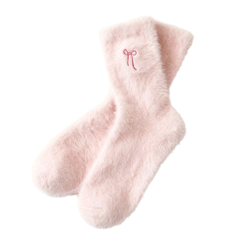 Women's Plush Mink Socks with Bow Embroidery