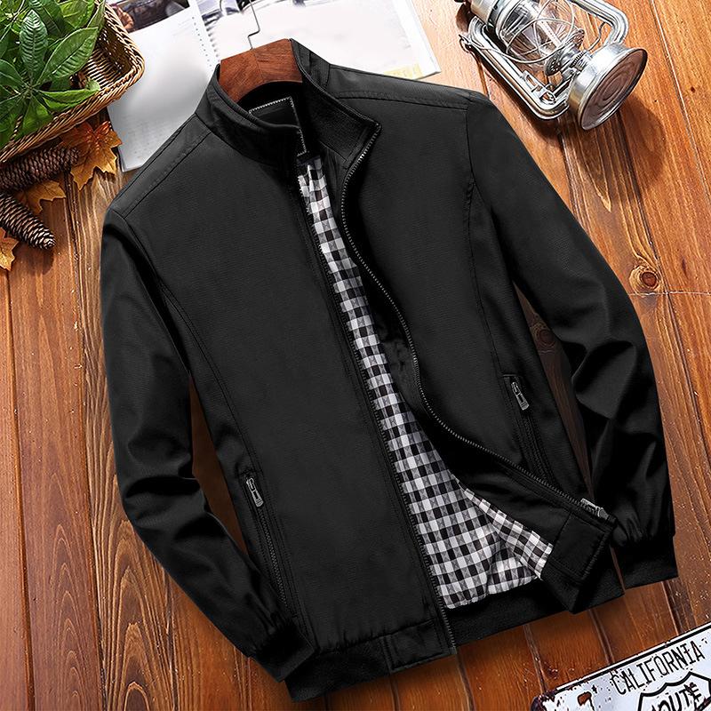 Men's Classic Stand Collar Jacket with Checkered Lining