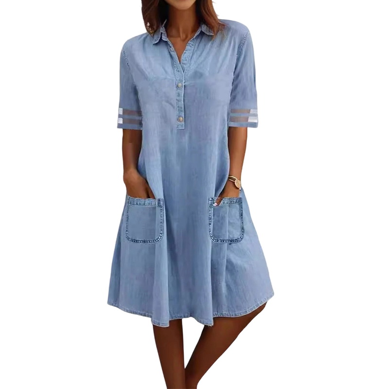 Relaxed Fit A-Line Denim Dress with Mesh Sleeve Detail