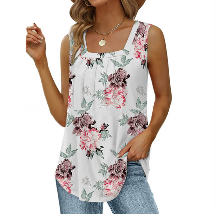 👕 LIMITED-TIME 50% OFF! ✨ Women's Square Neck Sleeveless Vest T-Shirt – Pleated Front, Flowy Fit, Versatile Style 🌸