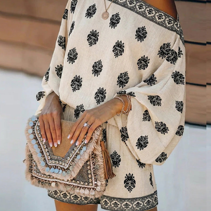 Bohemian Off-Shoulder Printed Jumpsuit Set