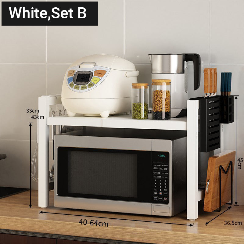 🧰Expandable Microwave Rack – Adjustable, 75kg Capacity, Hooks Included