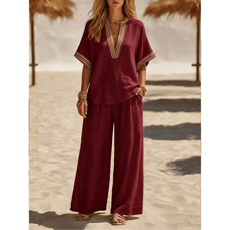 Women’s V-Neck Top and Wide Leg Pants Set