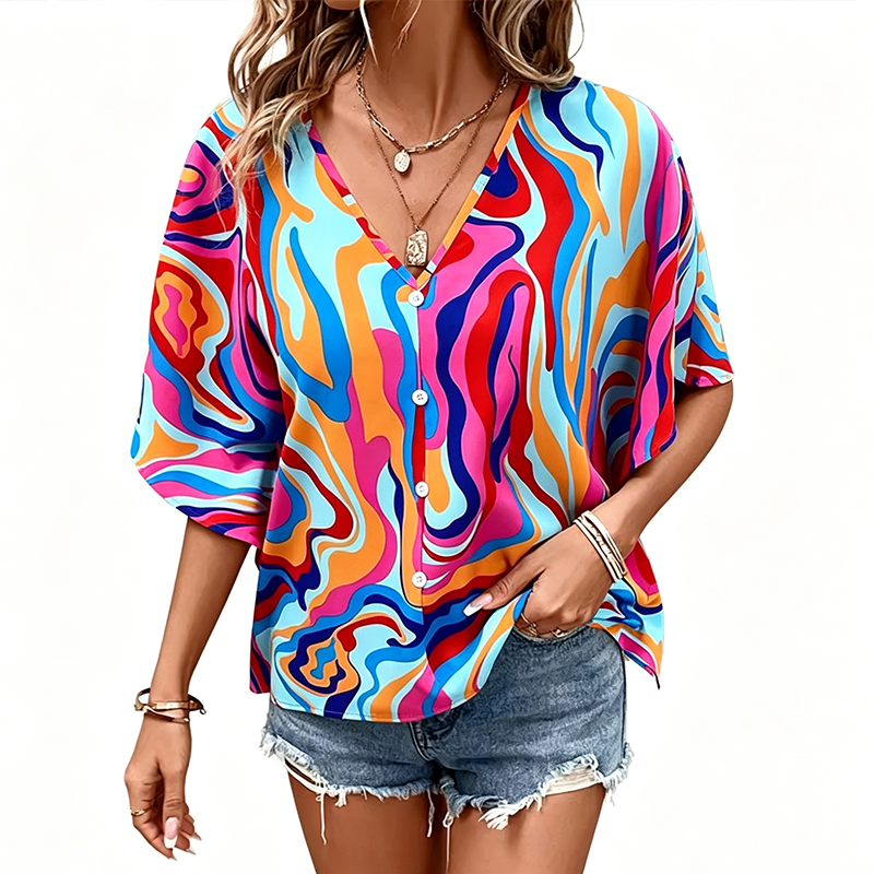 📢📢50% OFF !! ⏰Women's V-Neck Bohemian Print Blouse Summer Loose Fit Shirt