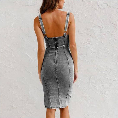🌸Spring Specials🌸Adjustable strap U-neck split denim bodycon cami dress