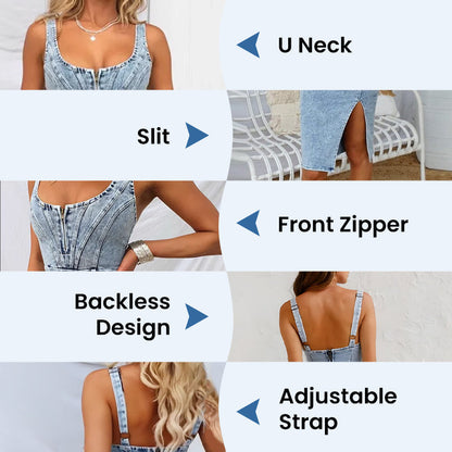 🌸Spring Specials🌸Adjustable strap U-neck split denim bodycon cami dress