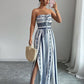 👗 Geometric Jumpsuit with Halter Neckline & Side Slit – Unique print & elastic back
