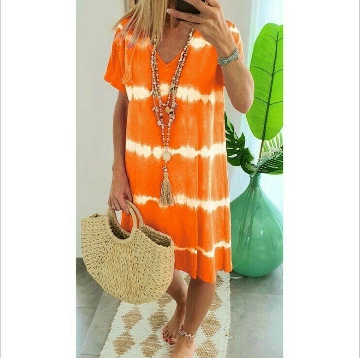 👗 TIE-DYE STRIPED SHORT SLEEVE T-SHIRT DRESS