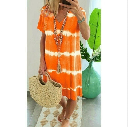 👗 TIE-DYE STRIPED SHORT SLEEVE T-SHIRT DRESS