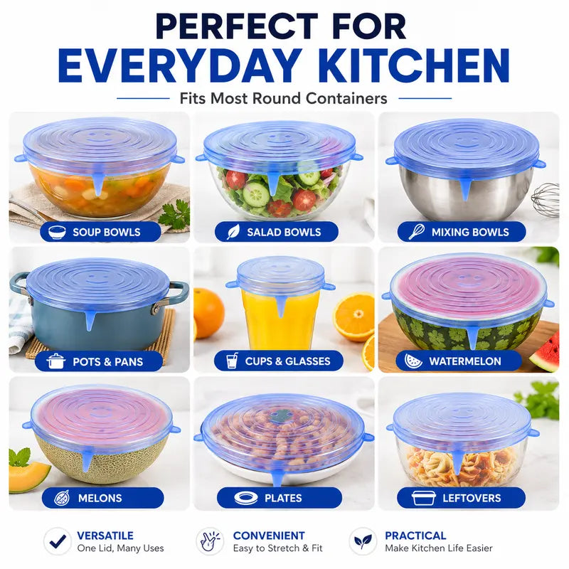 Silicone Stretch Lids 6-Pack | Airtight Food Storage Covers | Microwave, Fridge & Dishwasher Safe | BPA-Free | Fits 2.5"–7.5"