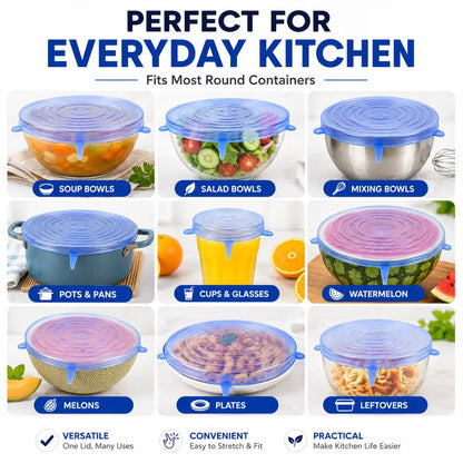Silicone Stretch Lids 6-Pack | Airtight Food Storage Covers | Microwave, Fridge & Dishwasher Safe | BPA-Free | Fits 2.5"–7.5"