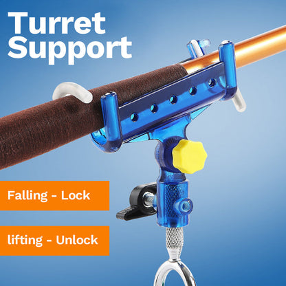 Fishing Rod Self-Locking Turret Bracket | 360° Rotation, Auto-Lock, Rubber-Protected | Stainless Steel | Yellow & Blue
