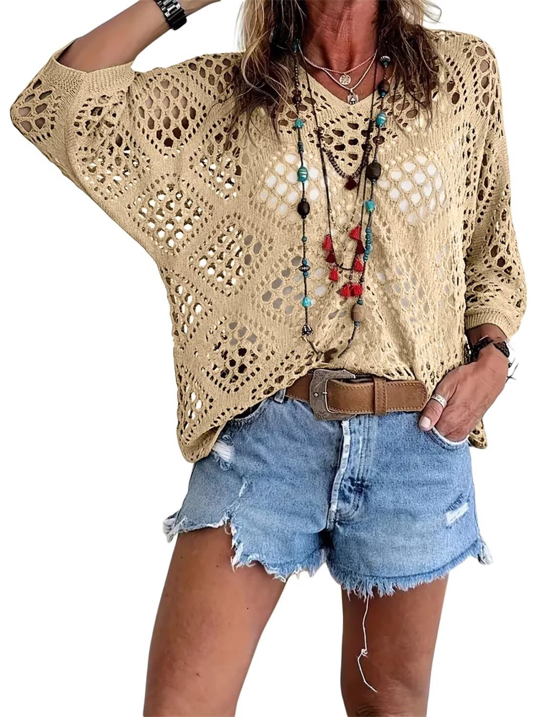👚50% OFF NOW!🌸Women's Bohemian-Inspired Beige Crochet Top with V-Neck – Breathable, Relaxed Fit & Perfect for Summer Days ☀️