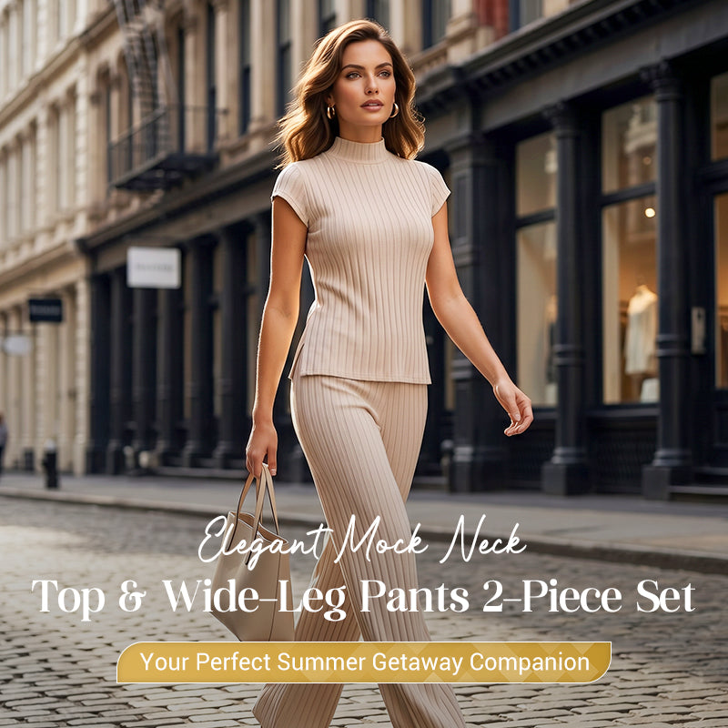 Elegant Mock Neck Top & Wide-Leg Pants 2-Piece Set