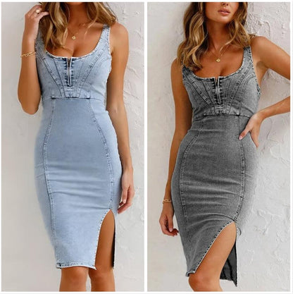 🌸Spring Specials🌸Adjustable strap U-neck split denim bodycon cami dress