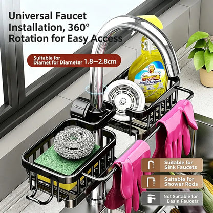 Faucet‑Mounted Sink‑Sponge‑Holder | Tool‑Free Install, Removable‑Drip‑Tray & Side‑Hook🏠
