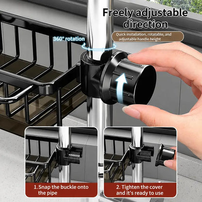 Faucet‑Mounted Sink‑Sponge‑Holder | Tool‑Free Install, Removable‑Drip‑Tray & Side‑Hook🏠