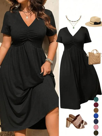 👗Plus Size V-Neck Ruched Short Sleeve Midi Dress, Casual Summer Flowy A-Line Dress