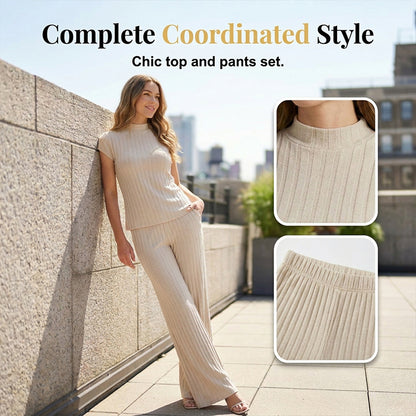 Elegant Mock Neck Top & Wide-Leg Pants 2-Piece Set