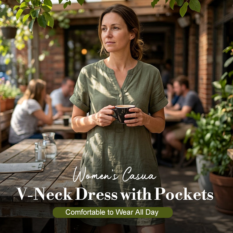 🏖️New Arrival 50% OFF!👗Women's V-Neck Tunic Dress – Relaxed Fit, Pockets & Breathable