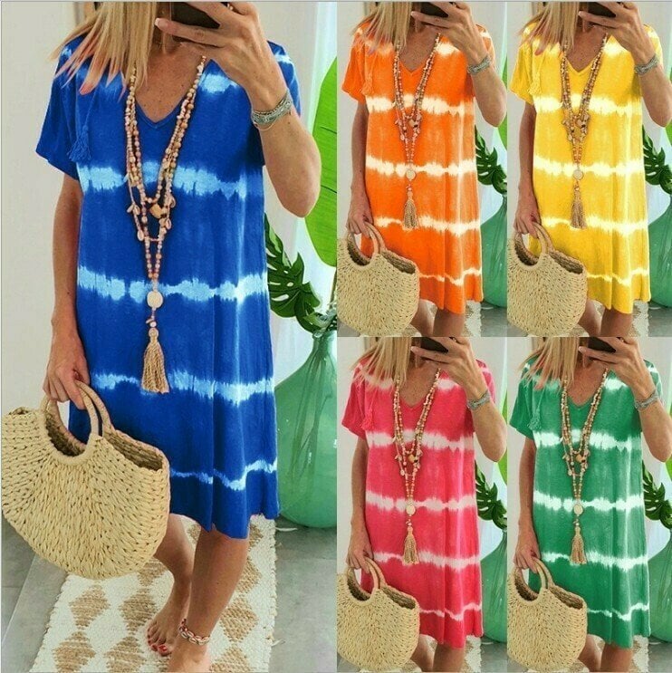 👗 TIE-DYE STRIPED SHORT SLEEVE T-SHIRT DRESS