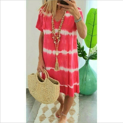 👗 TIE-DYE STRIPED SHORT SLEEVE T-SHIRT DRESS