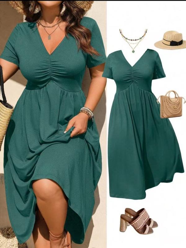 👗Plus Size V-Neck Ruched Short Sleeve Midi Dress, Casual Summer Flowy A-Line Dress