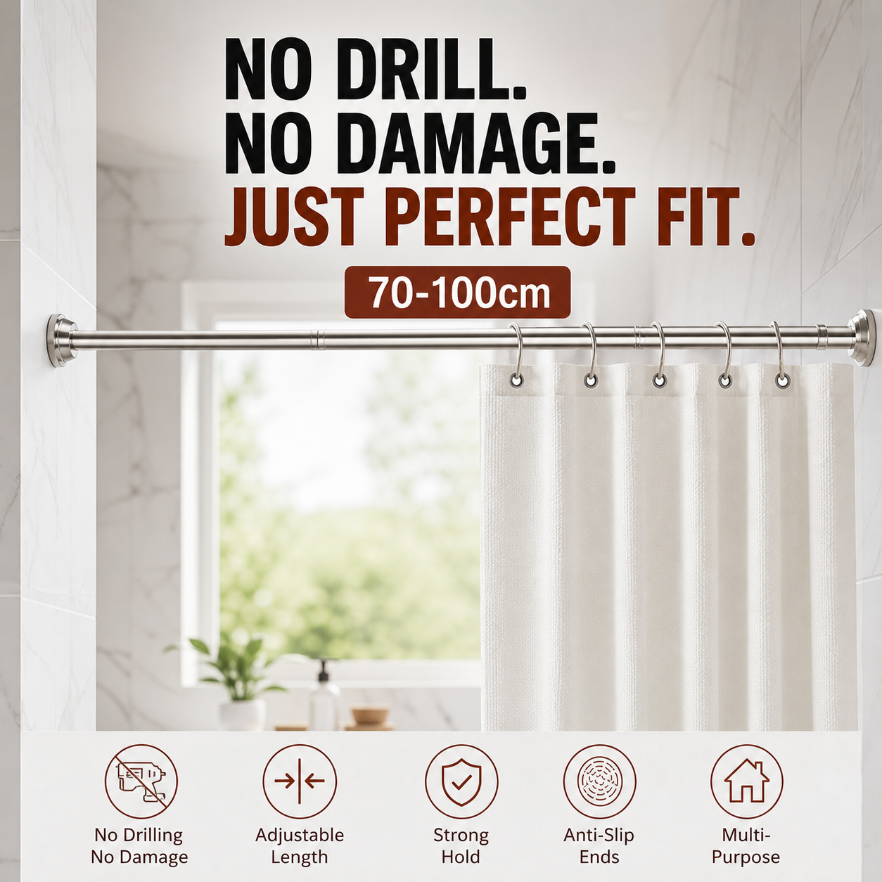 🛏️50% OFF!🔧Adjustable No-Drill Tension Rod – Damage-Free Install, Anti-Slip & Multi-Purpose, Max 15KG Load 🏠