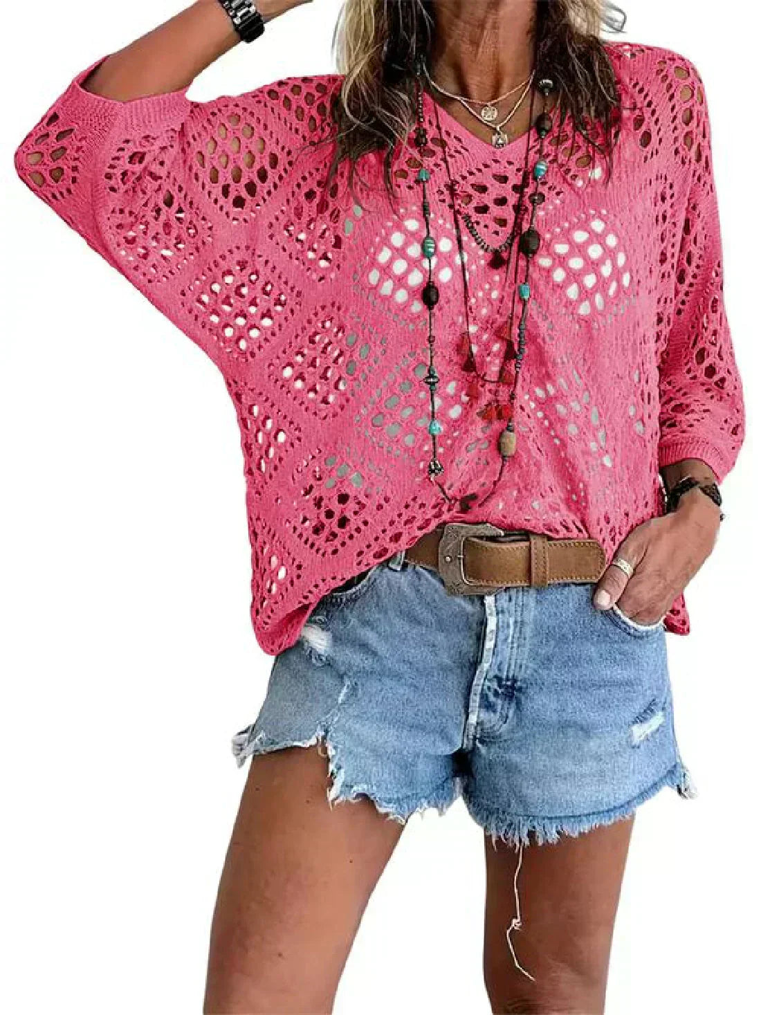 👚50% OFF NOW!🌸Women's Bohemian-Inspired Beige Crochet Top with V-Neck – Breathable, Relaxed Fit & Perfect for Summer Days ☀️