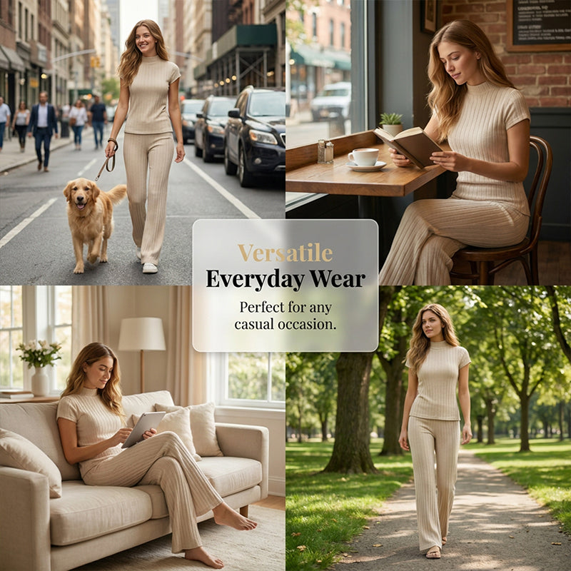 Elegant Mock Neck Top & Wide-Leg Pants 2-Piece Set