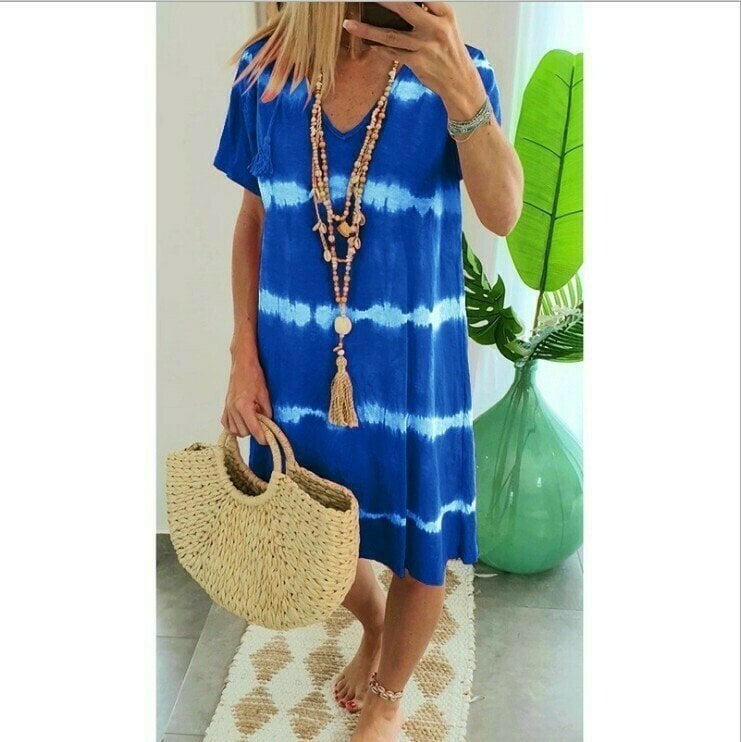👗 TIE-DYE STRIPED SHORT SLEEVE T-SHIRT DRESS