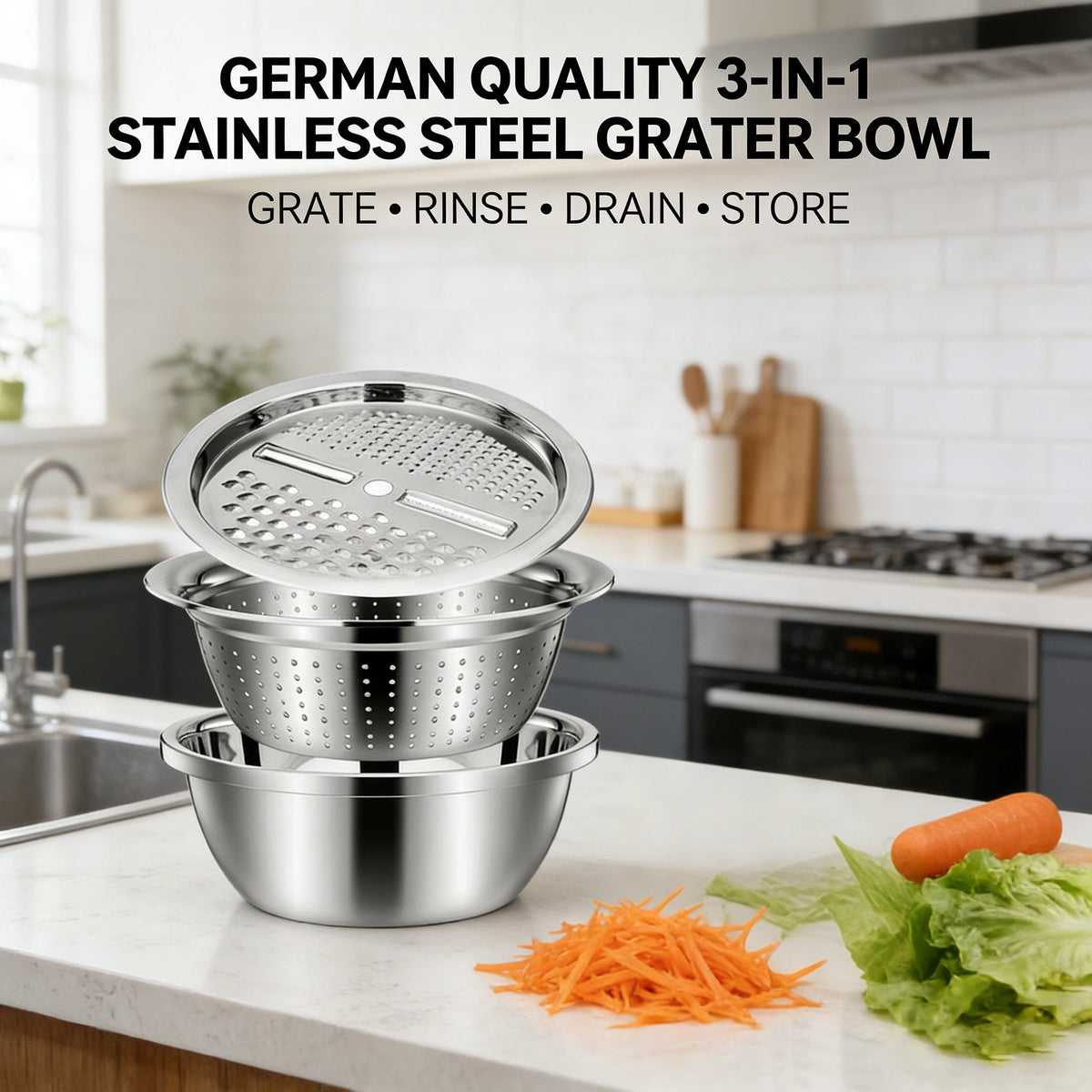 🎉 2026 Sale — Over 25,600 Sold!🧀3‑in‑1 Stainless Steel Grater Bowl 🔪