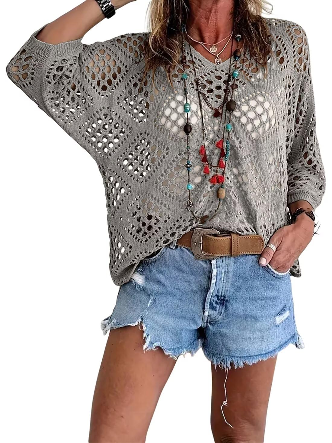 👚50% OFF NOW!🌸Women's Bohemian-Inspired Beige Crochet Top with V-Neck – Breathable, Relaxed Fit & Perfect for Summer Days ☀️