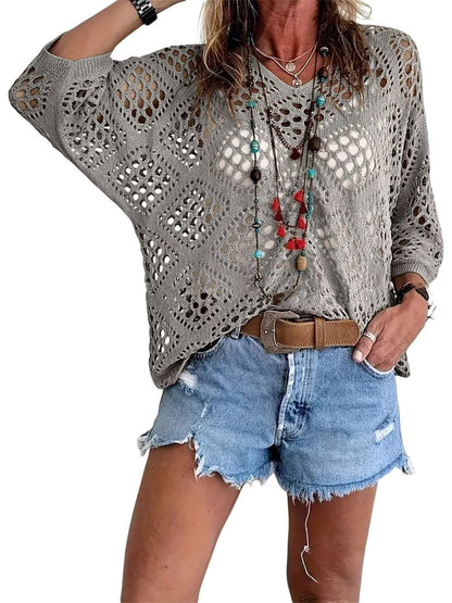 👚50% OFF NOW!🌸Women's Bohemian-Inspired Beige Crochet Top with V-Neck – Breathable, Relaxed Fit & Perfect for Summer Days ☀️