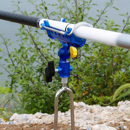Fishing Rod Self-Locking Turret Bracket | 360° Rotation, Auto-Lock, Rubber-Protected | Stainless Steel | Yellow & Blue