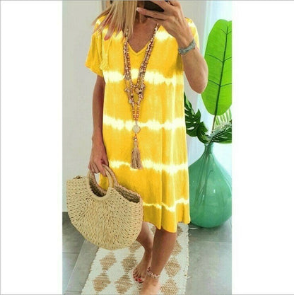 👗 TIE-DYE STRIPED SHORT SLEEVE T-SHIRT DRESS