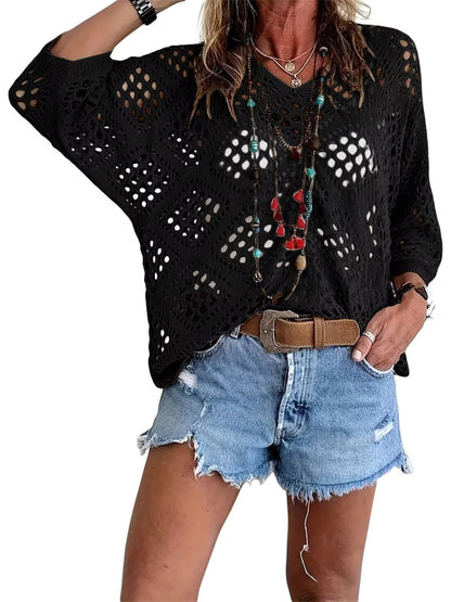 👚50% OFF NOW!🌸Women's Bohemian-Inspired Beige Crochet Top with V-Neck – Breathable, Relaxed Fit & Perfect for Summer Days ☀️