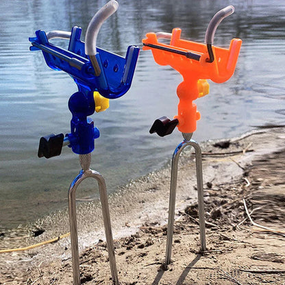 Fishing Rod Self-Locking Turret Bracket | 360° Rotation, Auto-Lock, Rubber-Protected | Stainless Steel | Yellow & Blue