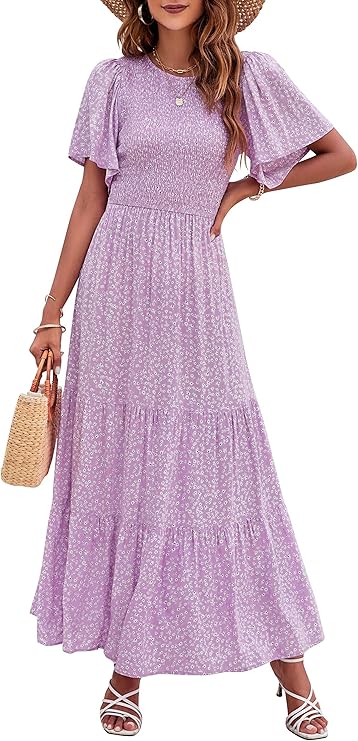 👗Women's Casual Floral Print Short Flutter Sleeve Smocked High Waist Flowy Maxi Dress