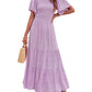 👗Women's Casual Floral Print Short Flutter Sleeve Smocked High Waist Flowy Maxi Dress