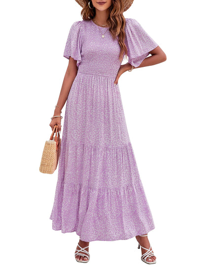 👗Women's Casual Floral Print Short Flutter Sleeve Smocked High Waist Flowy Maxi Dress