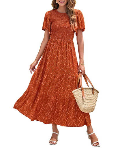 👗Women's Casual Floral Print Short Flutter Sleeve Smocked High Waist Flowy Maxi Dress