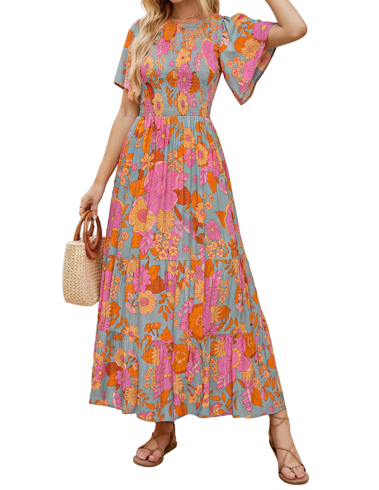 👗Women's Casual Floral Print Short Flutter Sleeve Smocked High Waist Flowy Maxi Dress