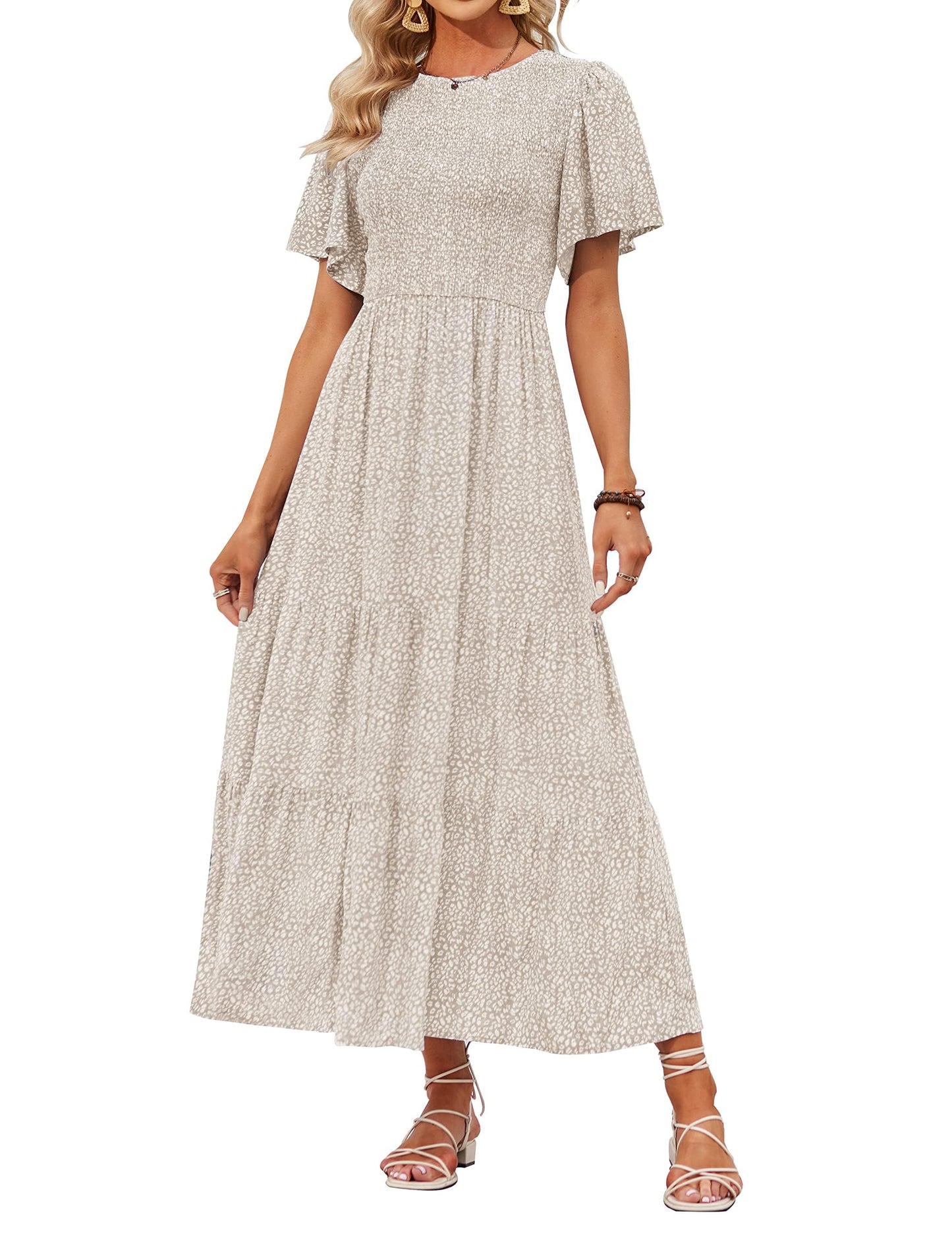 👗Women's Casual Floral Print Short Flutter Sleeve Smocked High Waist Flowy Maxi Dress