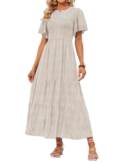 👗Women's Casual Floral Print Short Flutter Sleeve Smocked High Waist Flowy Maxi Dress