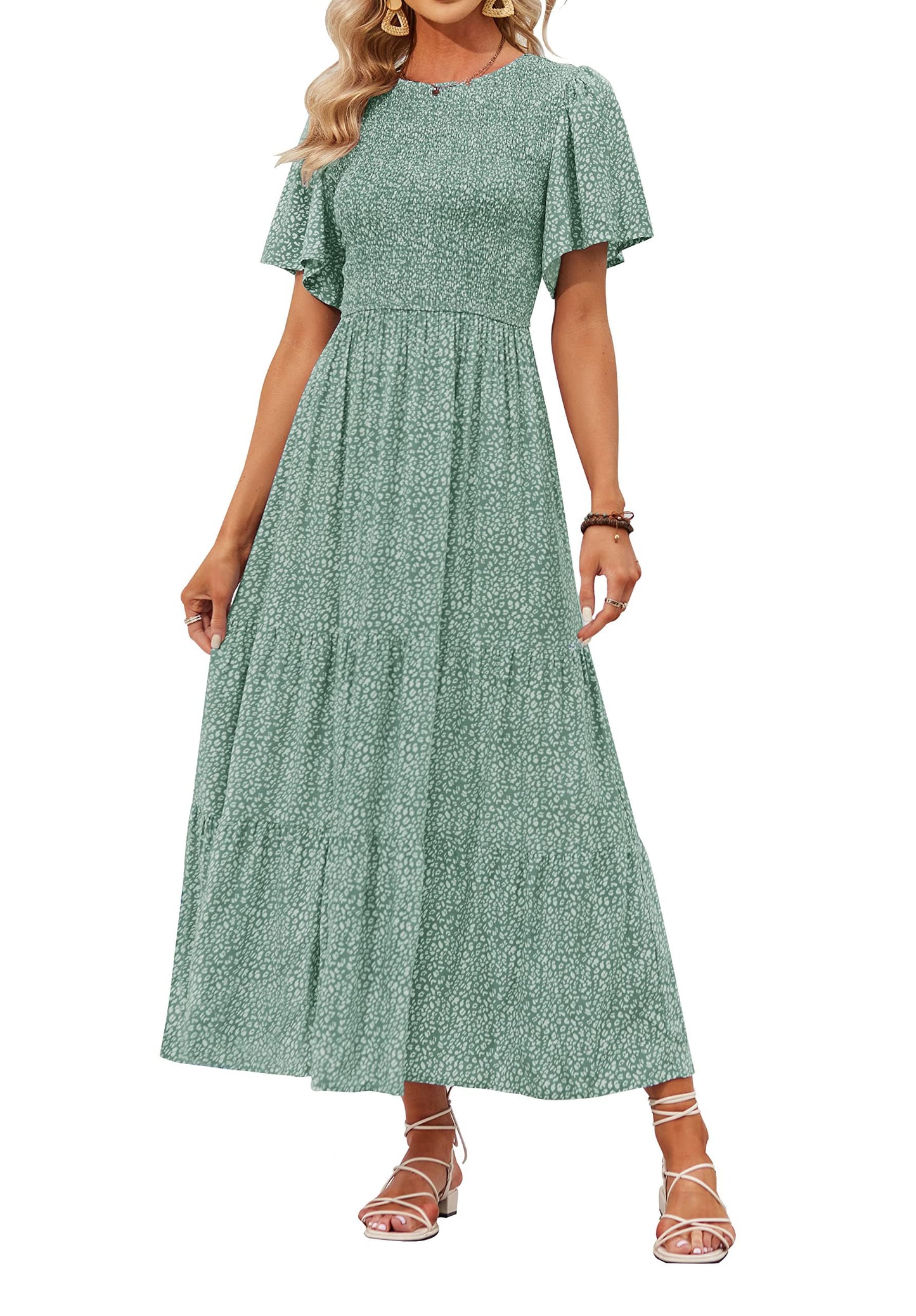 👗Women's Casual Floral Print Short Flutter Sleeve Smocked High Waist Flowy Maxi Dress