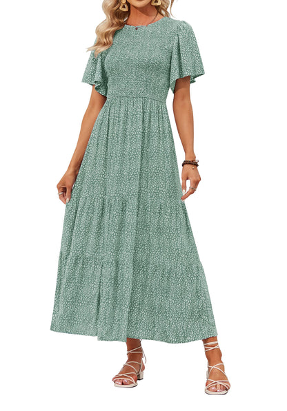 👗Women's Casual Floral Print Short Flutter Sleeve Smocked High Waist Flowy Maxi Dress