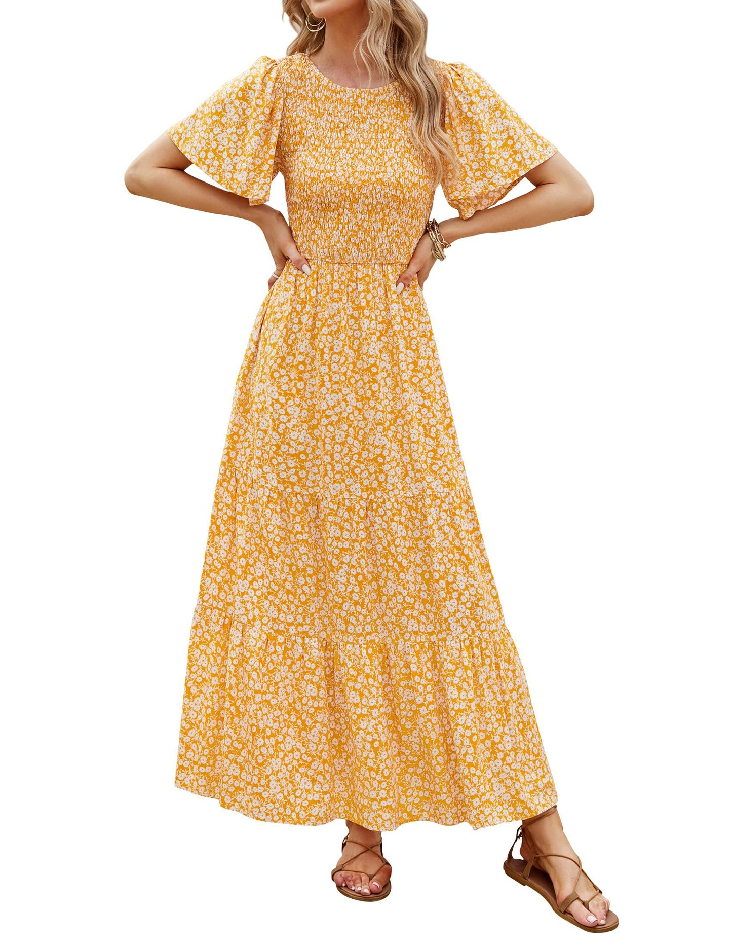 👗Women's Casual Floral Print Short Flutter Sleeve Smocked High Waist Flowy Maxi Dress