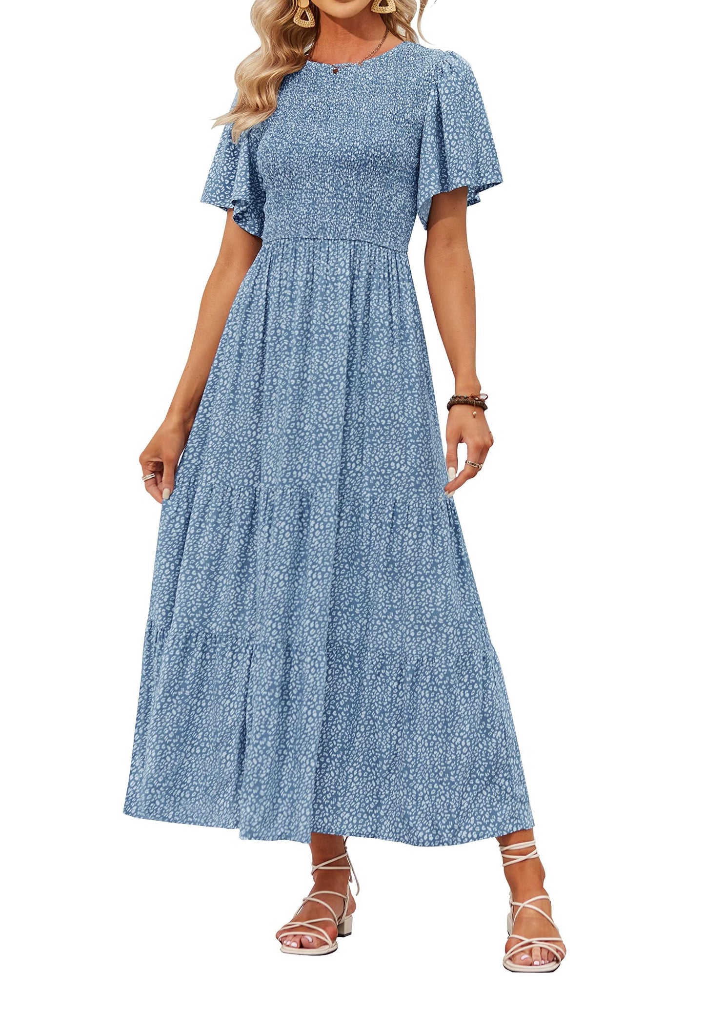 👗Women's Casual Floral Print Short Flutter Sleeve Smocked High Waist Flowy Maxi Dress